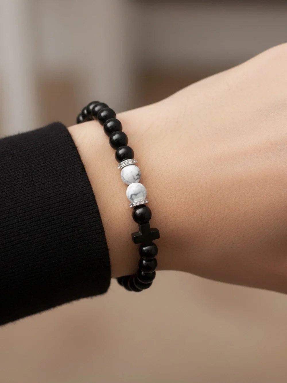 Men's Black Beaded Bracelet with White Accent Beads and Cross Charm